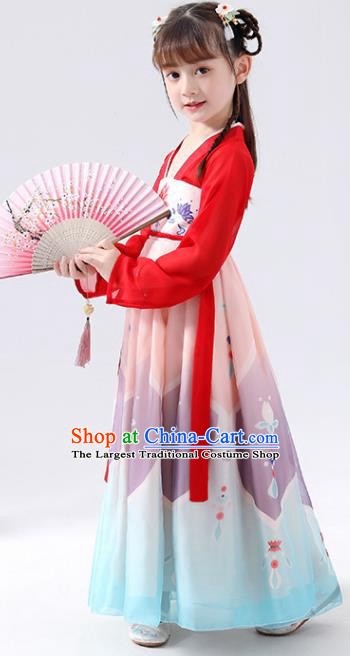 Chinese Traditional Tang Dynasty Girls Printing Hanfu Dress Ancient Princess Costume for Kids