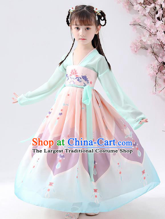 Chinese Traditional Tang Dynasty Girls Printing Light Blue Hanfu Dress Ancient Princess Costume for Kids