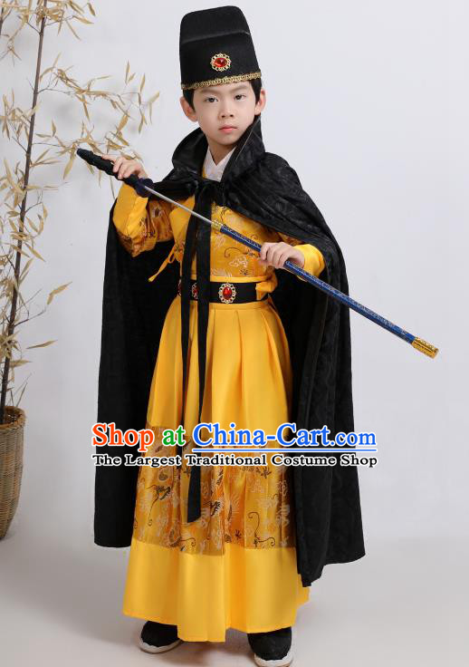 Chinese Traditional Ming Dynasty Imperial Guards Yellow Hanfu Clothing Ancient Boys Swordsman Costume for Kids