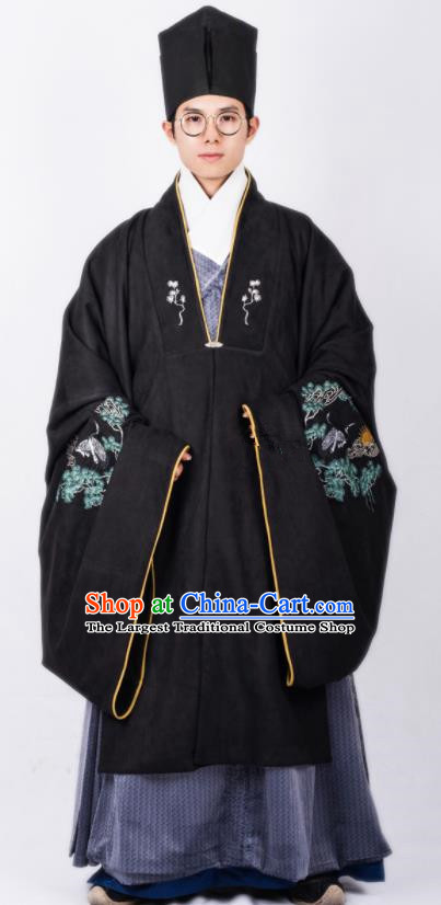 Chinese Traditional Ming Dynasty Scholar Hanfu Black Cloak Ancient Taoist Priest Costume for Men