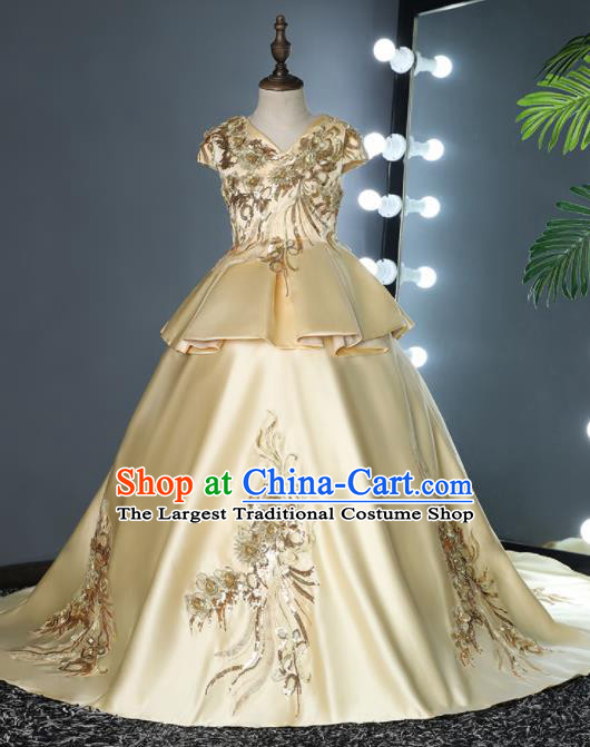 Top Grade Children Day Dance Performance Light Golden Full Dress Kindergarten Girl Stage Show Costume for Kids