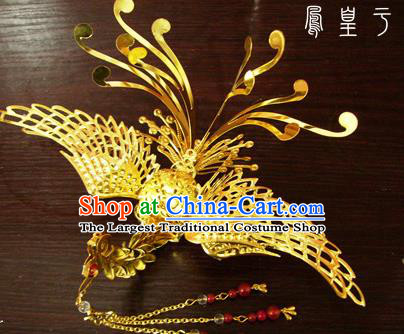 Chinese Ancient Court Queen Golden Phoenix Hairpins Traditional Classical Wedding Hanfu Hair Accessories for Women