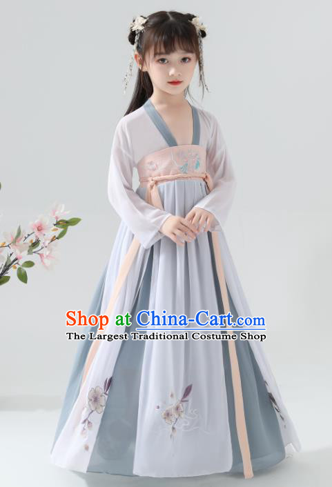 Chinese Traditional Tang Dynasty Girls Blue Grey Hanfu Dress Ancient Princess Costume for Kids