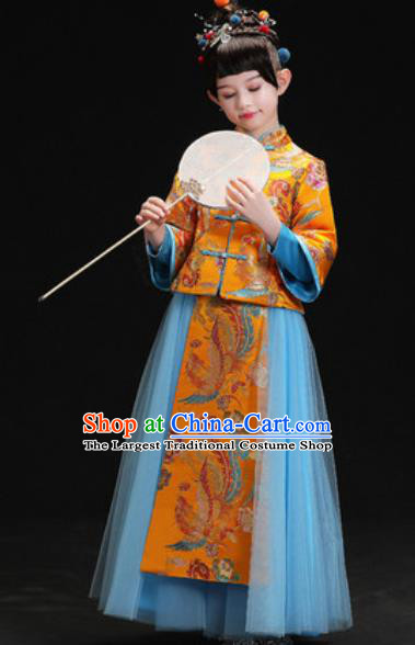 Chinese New Year Performance Embroidered Golden Full Dress Kindergarten Girls Dance Stage Show Costume for Kids