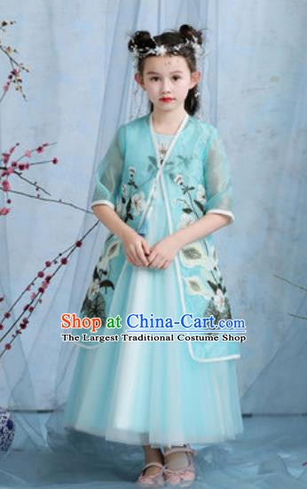 Chinese New Year Performance Embroidered Blue Veil Dress National Kindergarten Girls Dance Stage Show Costume for Kids