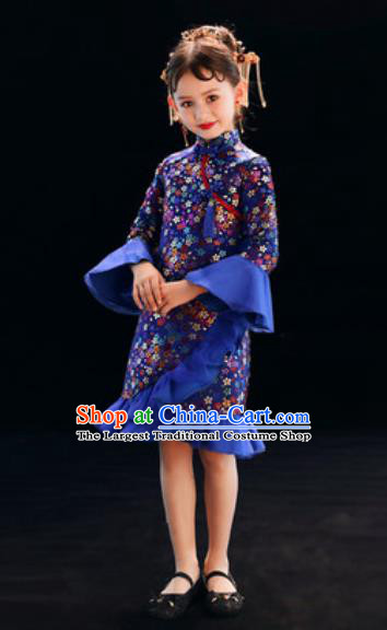 Chinese New Year Performance Royalblue Qipao Dress National Kindergarten Girls Dance Stage Show Costume for Kids