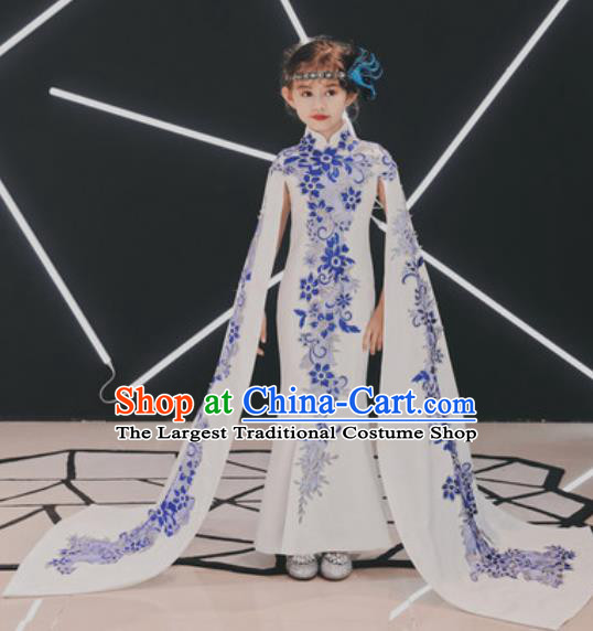 Chinese New Year Performance White Qipao Dress National Kindergarten Girls Dance Stage Show Costume for Kids