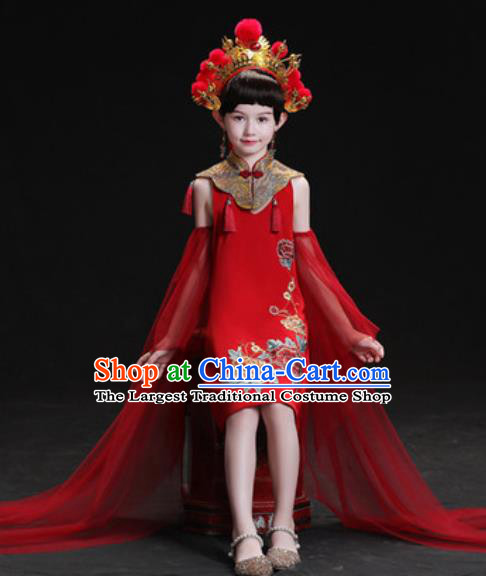 Chinese New Year Dance Performance Red Short Full Dress Kindergarten Girls Stage Show Costume for Kids