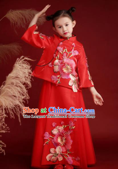 Chinese New Year Performance Embroidered Red Dress National Kindergarten Girls Dance Stage Show Costume for Kids