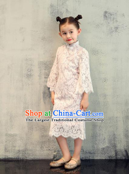 Chinese New Year Performance White Lace Qipao Dress National Kindergarten Girls Dance Stage Show Costume for Kids