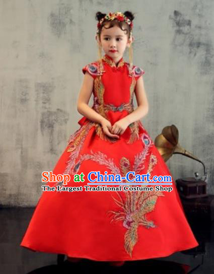 Chinese New Year Performance Embroidered Phoenix Red Dress National Kindergarten Girls Dance Stage Show Costume for Kids