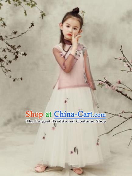 Chinese New Year Performance Brown Veil Qipao Dress National Kindergarten Girls Dance Stage Show Costume for Kids