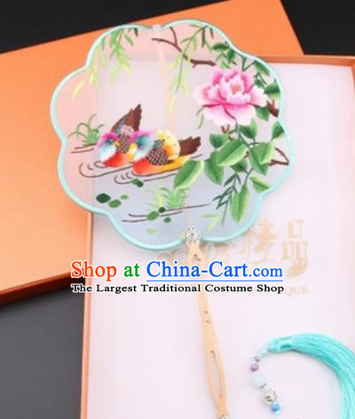 Chinese Traditional Suzhou Embroidery Mandarin Duck Peony Palace Fans Embroidered Fans Embroidering Craft