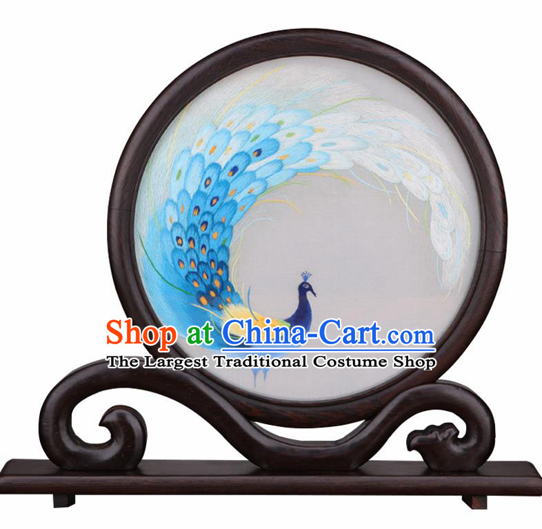 Chinese Traditional Suzhou Embroidery Blue Peacock Desk Folding Screen Embroidered Rosewood Decoration Embroidering Craft