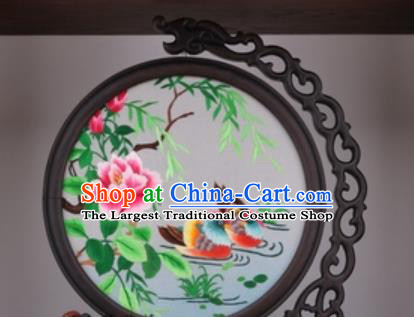 Chinese Traditional Suzhou Embroidery Mandarin Duck Peony Table Folding Screen Embroidered Rosewood Decoration Embroidering Craft