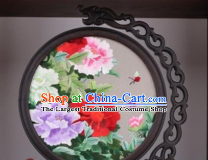 Chinese Traditional Suzhou Embroidery Peony Table Folding Screen Embroidered Rosewood Decoration Embroidering Craft