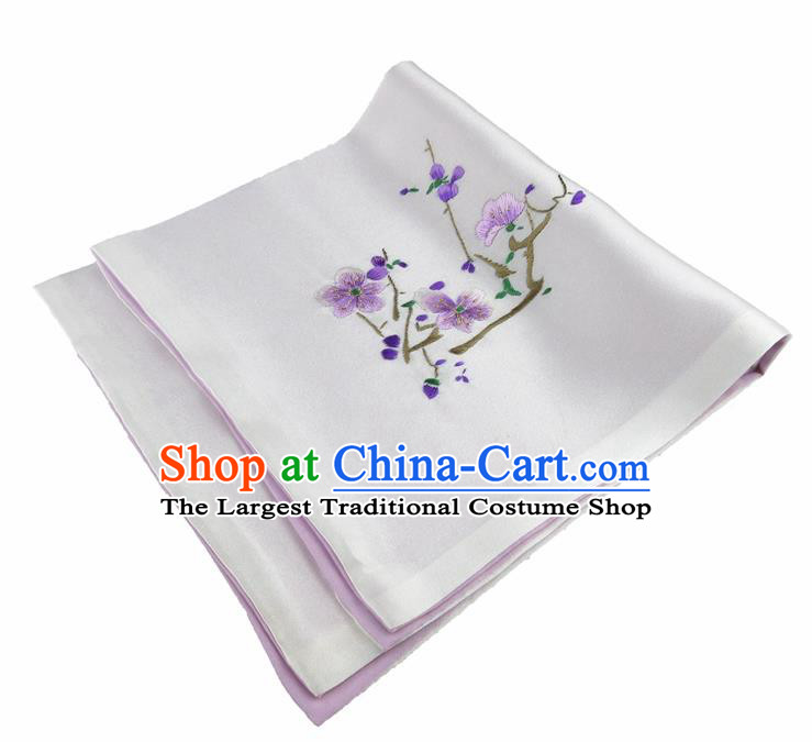 Chinese Traditional Handmade Embroidery Plum White Silk Handkerchief Embroidered Hanky Suzhou Embroidery Noserag Craft