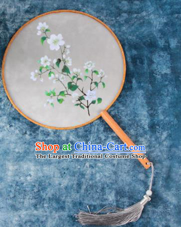 Chinese Traditional Handmade Embroidery White Flowers Round Fan Embroidered Palace Fans