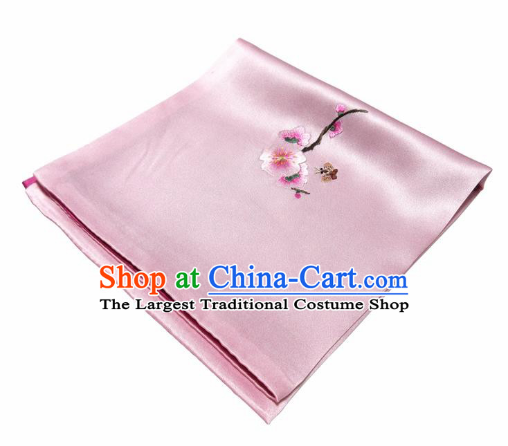 Chinese Traditional Handmade Embroidery Plum Blossom Pink Silk Handkerchief Embroidered Hanky Suzhou Embroidery Noserag Craft