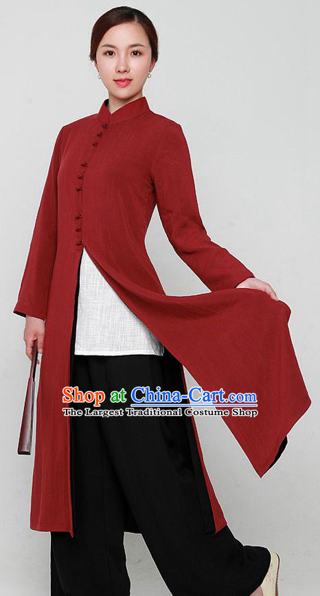 Chinese Traditional Martial Arts Purplish Red Dust Coat Kung Fu Tai Chi Costume for Women