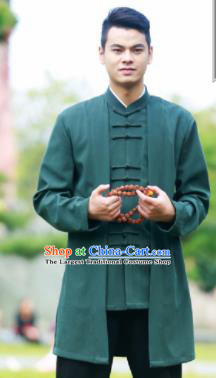 Traditional Chinese Kung Fu Tai Chi Deep Green Flax Jacket Martial Arts Competition Costume for Men