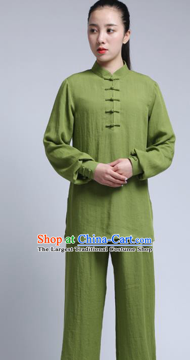 Chinese Traditional Wudang Martial Arts Olive Green Outfits Kung Fu Tai Chi Costume for Women