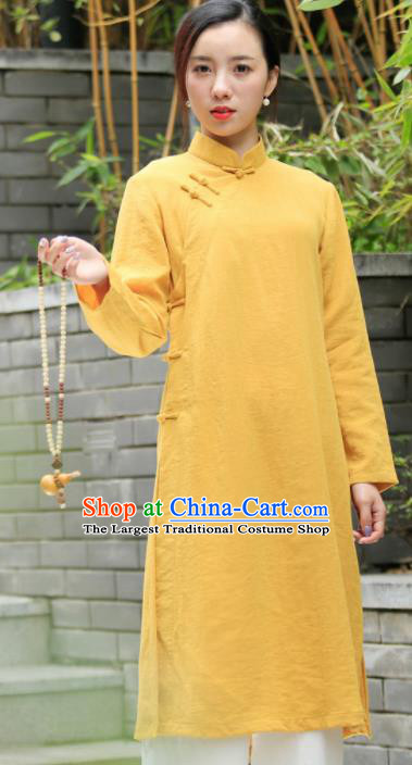 Chinese Traditional Tang Suit Yellow Flax Qipao Blouse Classical Overcoat Costume for Women