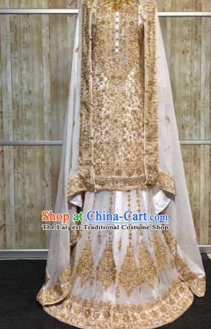 South Asia  Indian Court Bride Golden Costumes Traditional   India Wedding Luxury Embroidered Dress for Women