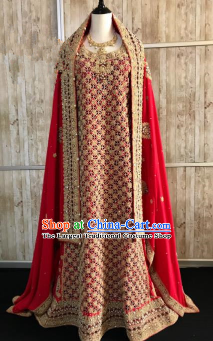 South Asia  Indian Bride Embroidered Red Dress Traditional   India Hui Nationality Wedding Luxury Costumes for Women