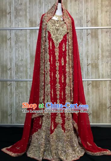 South Asia  Indian Bride Embroidered Wine Red Dress Traditional   India Hui Nationality Wedding Luxury Costumes for Women