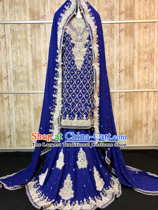 South Asia  Indian Queen Embroidered Royalblue Dress Traditional   India Court Hui Nationality Wedding Costumes for Women