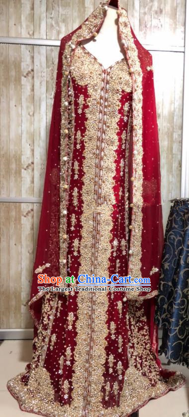 South Asia  Indian Court Bride Wine Red Embroidered Dress Traditional   India Hui Nationality Wedding Costumes for Women