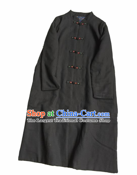 Chinese Traditional Tang Suit Black Cotton Padded Coat National Greatcoat Costume for Women