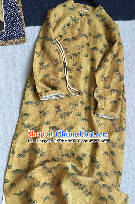 Chinese Traditional Tang Suit Printing Yellow Flax Cheongsam National Costume Qipao Dress for Women