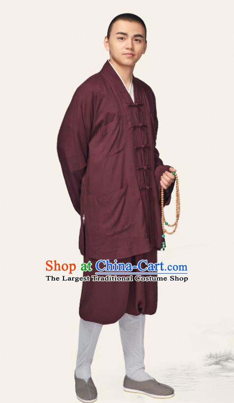 Traditional Chinese Monk Costume Meditation Purple Outfits Shirt and Pants for Men