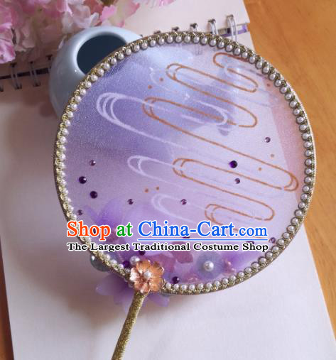 Traditional Chinese Classical Purple Silk Palace Fans Hanfu Bride Flowers Round Fan for Women