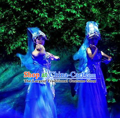 Phoenix Flying Qiang Dance Traditional Chinese Qiang Ethnic Minority Dance Blue Dress and Headwear for Women