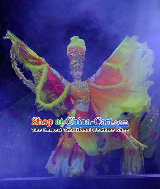 Phoenix Flying Qiang Dance Traditional Chinese Folk Dance Orange Wings Dress and Headwear for Women