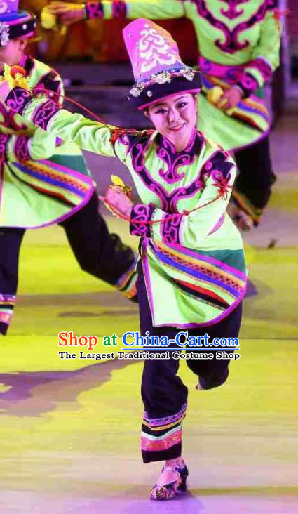 Phoenix Flying Qiang Dance Traditional Chinese Qiang Nationality Dance Green Dress and Headwear for Women