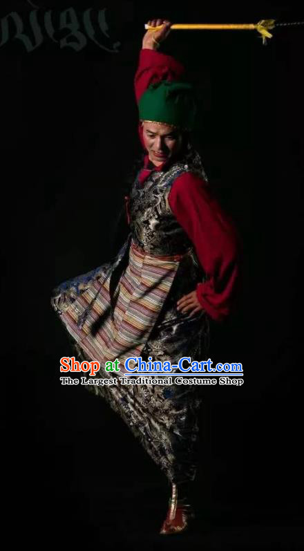 Lang SaWenBo Traditional Chinese Tibetan Nationality Stage Performance Black Costumes and Headwear for Men