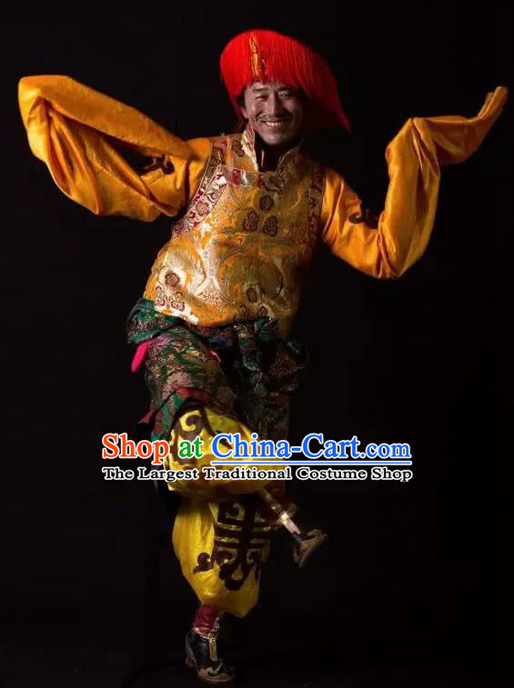 Lang SaWenBo Traditional Chinese Tibetan Nationality Stage Performance Golden Costumes and Headwear for Men