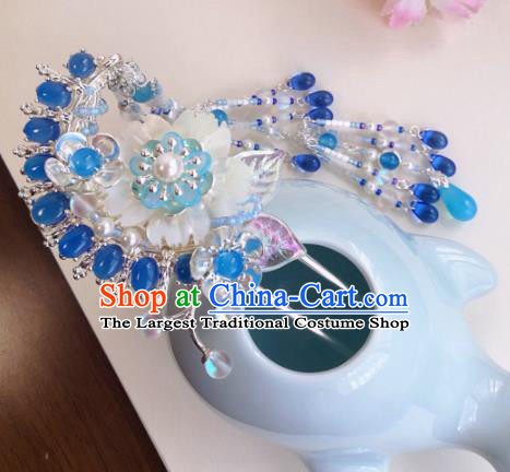 Traditional Chinese Classical Blue Beads Tassel Hairpins Ancient Hanfu Hair Accessories for Women