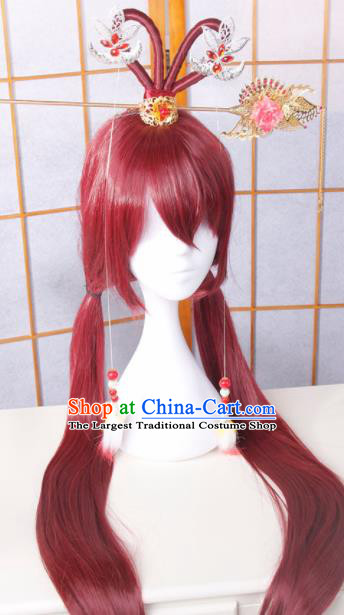 Traditional Japanese Cosplay Fairy Red Wigs and Hair Accessories for Women