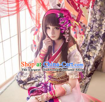 Top Grade Cosplay Geisha Printing Peony Pink Dress Ancient Heroine Costume for Women