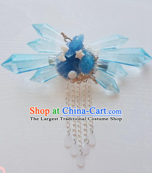 Traditional Chinese Cosplay Swordsman Blue Crystal Hair Claw Hairpins Ancient Hanfu Hair Accessories for Women