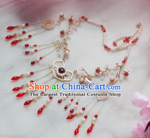 Traditional Chinese Hanfu Red Crystal Tassel Necklace Ancient Princess Jewelry Accessories for Women