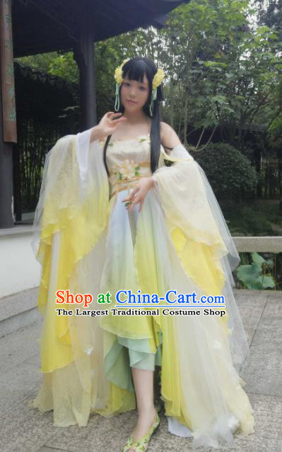 Chinese Cosplay Princess Yellow Dress Ancient Female Swordsman Heroine Costume for Women