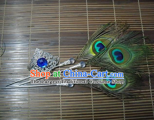 Traditional Chinese Cosplay Princess Peacock Feather Hairpins Ancient Swordsman Hair Accessories for Women