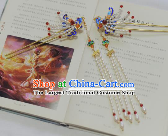 Traditional Chinese Classical Pearls Phoenix Tassel Hairpins Ancient Princess Hanfu Hair Accessories for Women