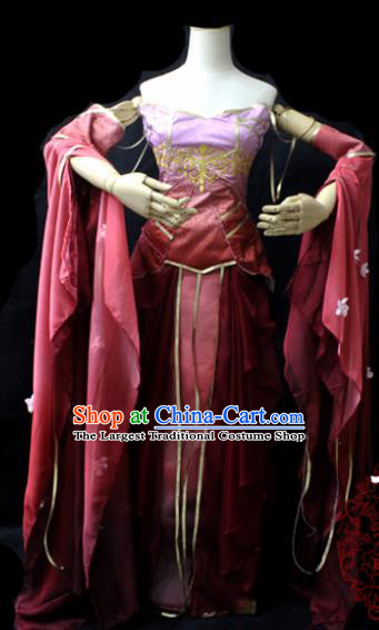 Chinese Cosplay Fairy Princess Wine Red Dress Ancient Female Swordsman Knight Costume for Women